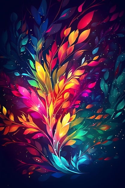 Image of colorful leaves on dark background with stars and sparkles Generative AI