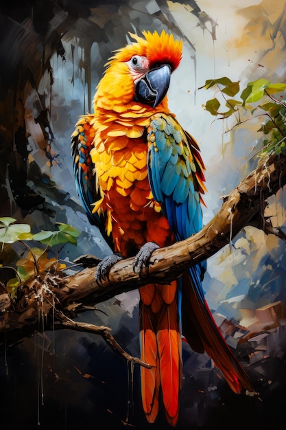 Image of colorful parrot perched on tree branch Generative AI