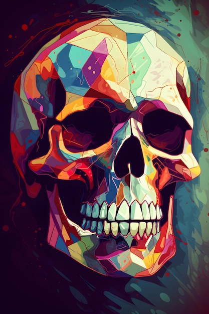 Image of colorful skull on dark background with splatters Generative AI