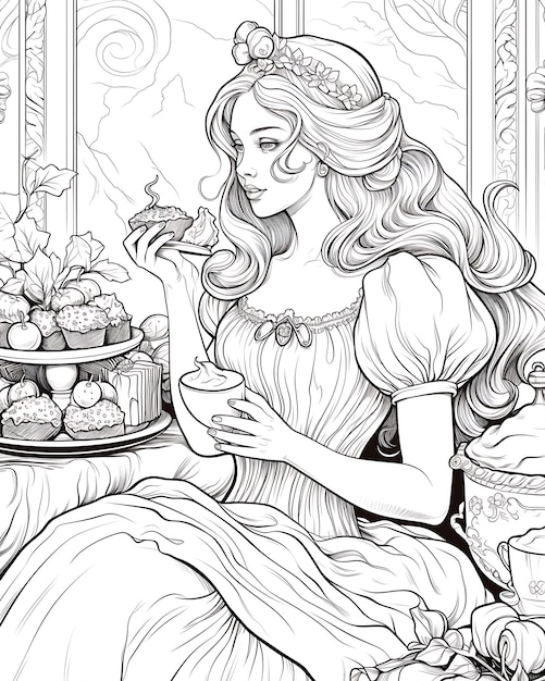 Image of a Coloring Page Featuring Tea and Dessert