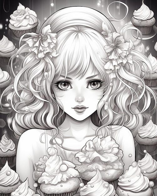 Photo image coloring pages girl with cupcake