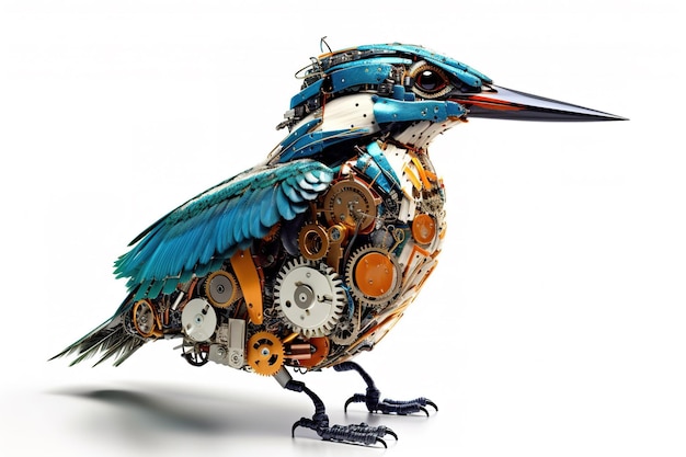 Image of a common kingfisher modified into a electronics robot on a white background Wildlife Animals Birds illustration generative AI