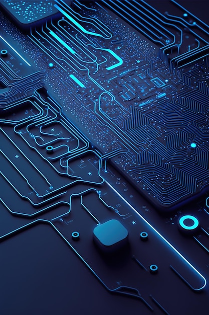 Image of computer circuit board and blue light trails on dark background