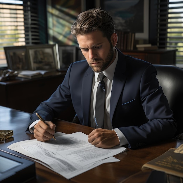 Image of concentrated confident businessman 30s wearing suit office while writing down notes