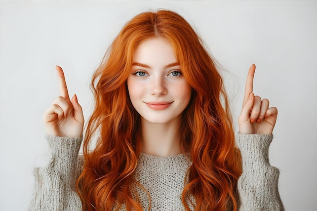 Photo image of confident young woman with red long healthy hair shows okay sign and smiles pleased