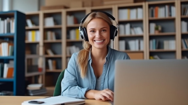 An image of a contented older woman relaxing at the university library GENERATE AI