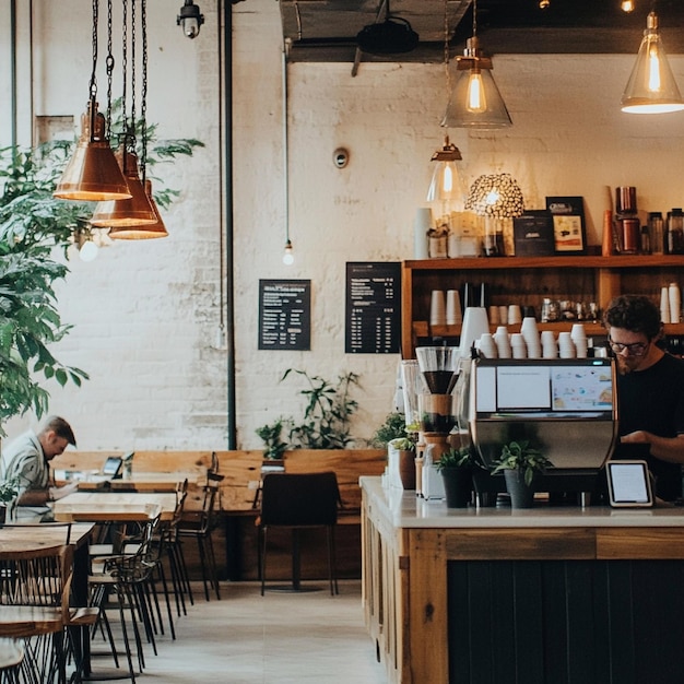 Image of a cozy coffee shop offering business services like printing and WiFi access