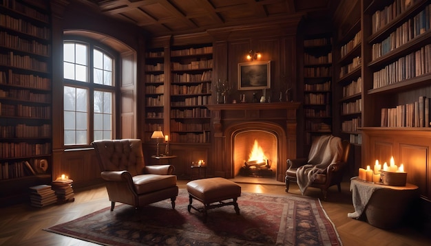 an image of a cozy library with bookshelves filled with books and an armchair by a fireplace