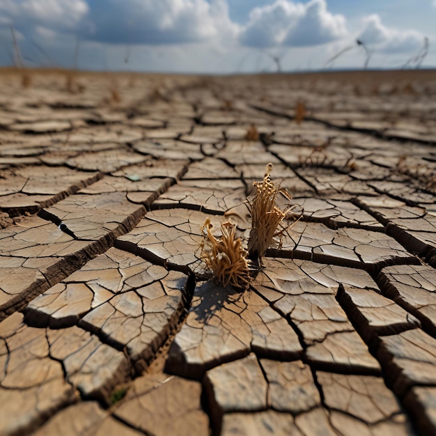 the image of the cracked earth and dried dead plants on the clouds gnearated by AI