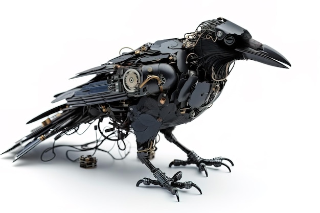 Image of a crow modified into a robot on a white background Wild animal illustration generative AI