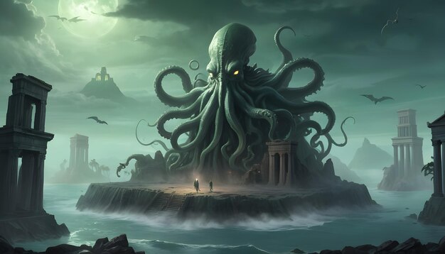 an image of Cthulhus awakening on a desolate island surrounded by an ethereal mist