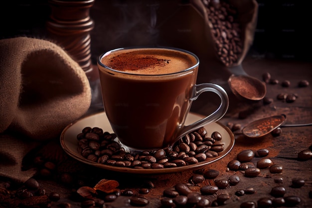 Image of a cup of coffee with coffee beans on brown wood