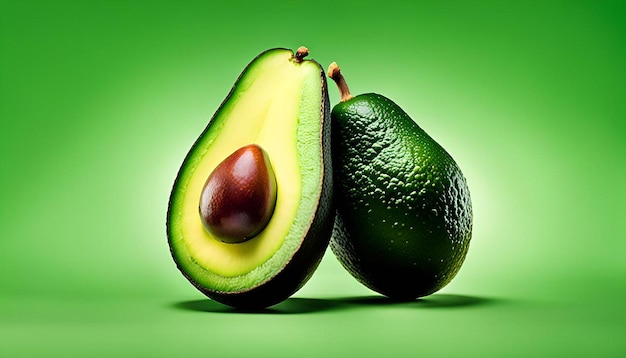 Image of cut avocado on green background