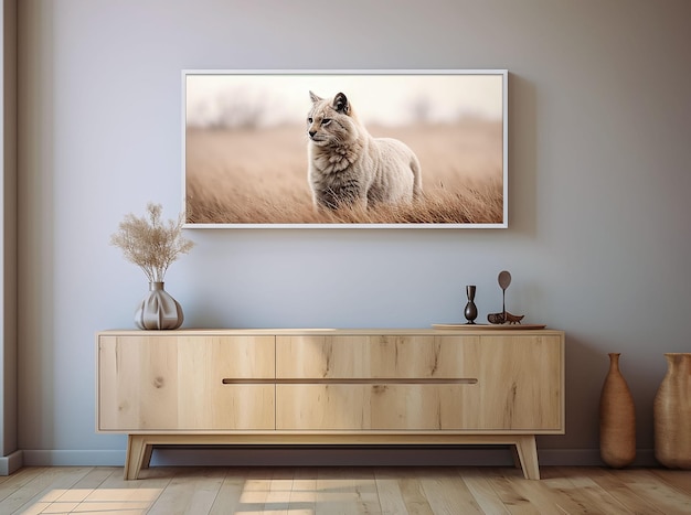 Image of cute animal on the wall above a piece of furniture in a living room