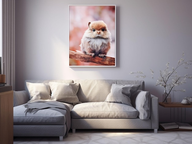 Image of cute animal on the wall above a piece of furniture in a living room