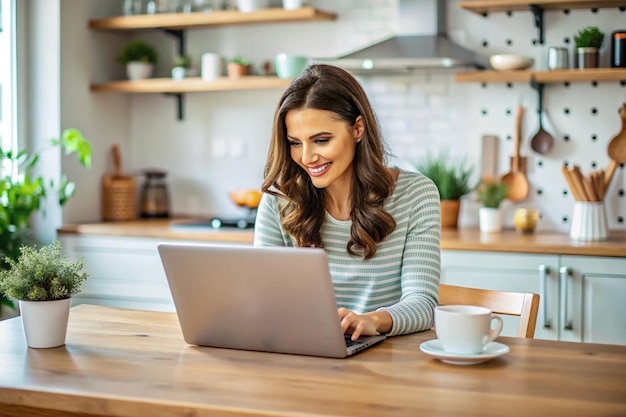 Image of cute brunette woman sitting on the table at kitchen and using laptop