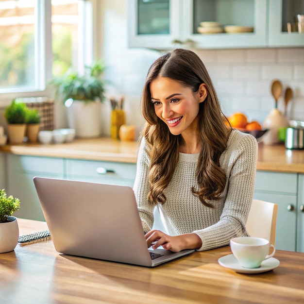 Image of cute brunette woman sitting on the table at kitchen and using laptop