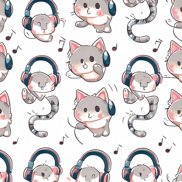 An image of a cute cat cartoon pattern a cat wearing headphones on a white background