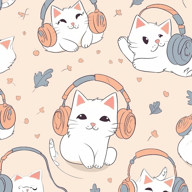 An image of a cute cat cartoon pattern a cat wearing headphones on a white background