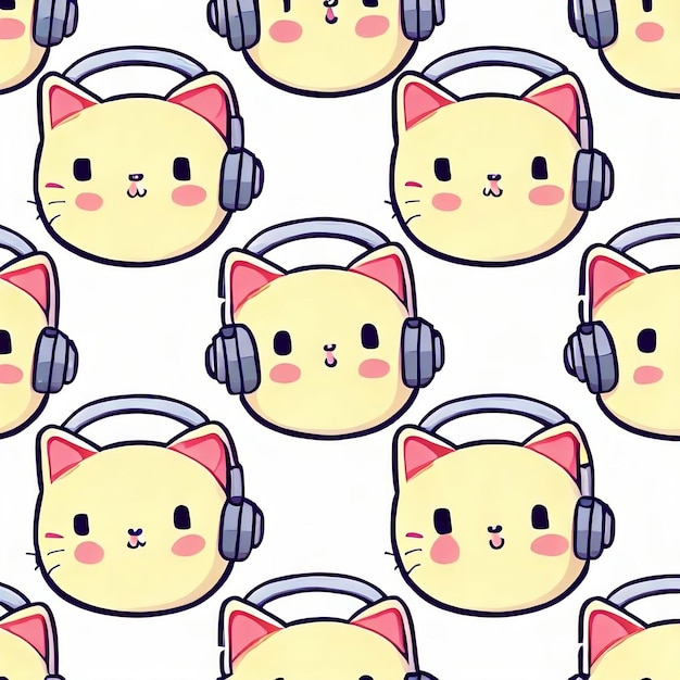 An image of a cute cat cartoon pattern a cat wearing headphones on a white background