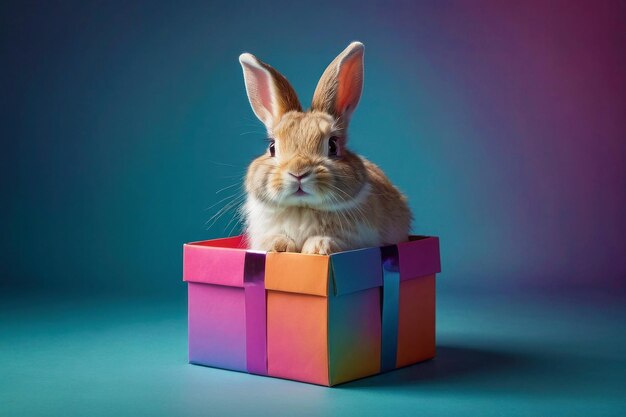 Image of a cute fluffy bunny sitting in a bright gift box Character on a pastel gradient background