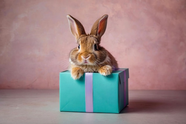 Image of a cute fluffy bunny sitting in a bright gift box Character on a pastel gradient background