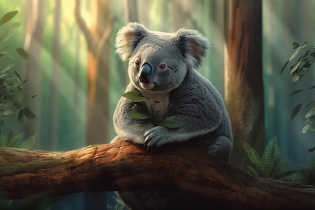 Image of a cute koala bear on a tree on natural background Wild Animals Illustration Generative AI