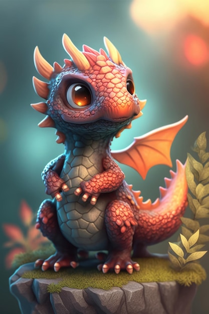 Image of cute pink dragon on rock with grass created using generative ai technology