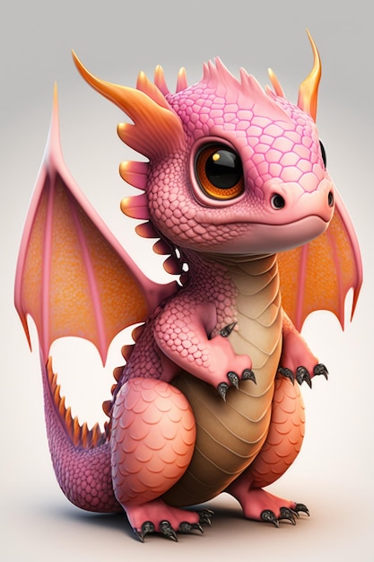 Image of cute pink dragon on white background created using generative ai technology