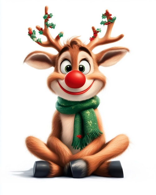 Image of a cute reindeer sits wearing a scarf