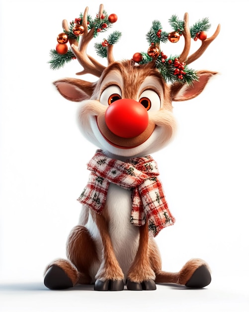 Image of a cute reindeer sits wearing a scarf