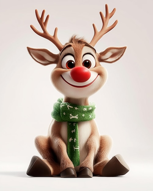 Photo image of a cute reindeer sits wearing a scarf