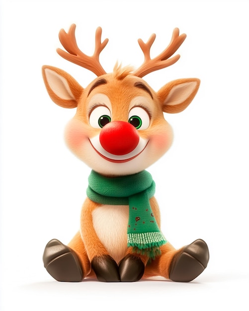 Image of a cute reindeer sits wearing a scarf