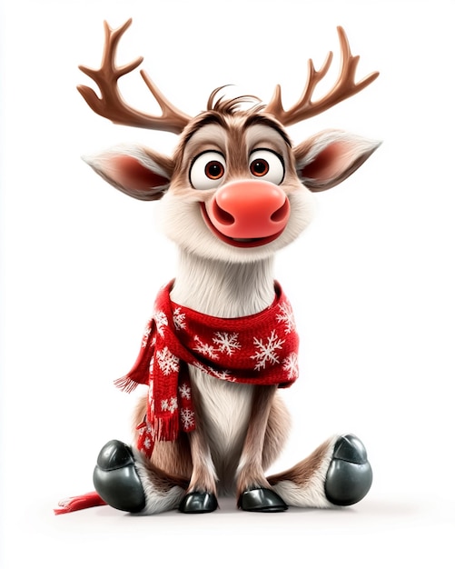 Photo image of a cute reindeer sits wearing a scarf