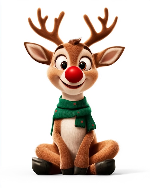 Image of a cute reindeer sits wearing a scarf