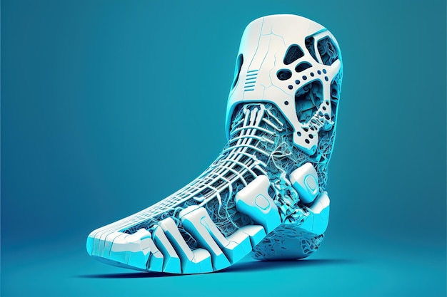 Image of cyber prosthetic of foot on blue background created using generative ai technology