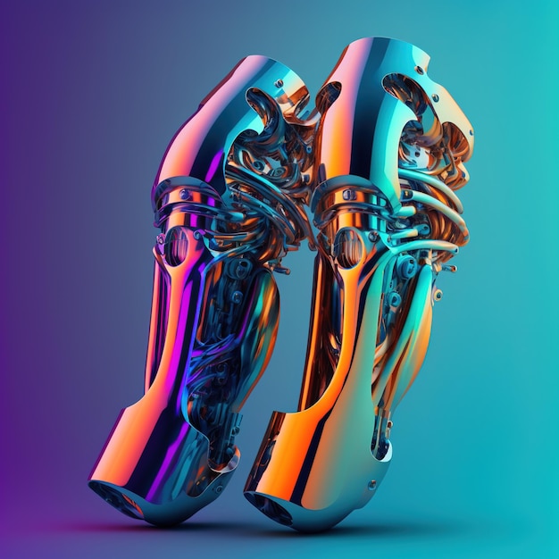 Image of cyber prosthetic of legs on blue background created using generative ai technology