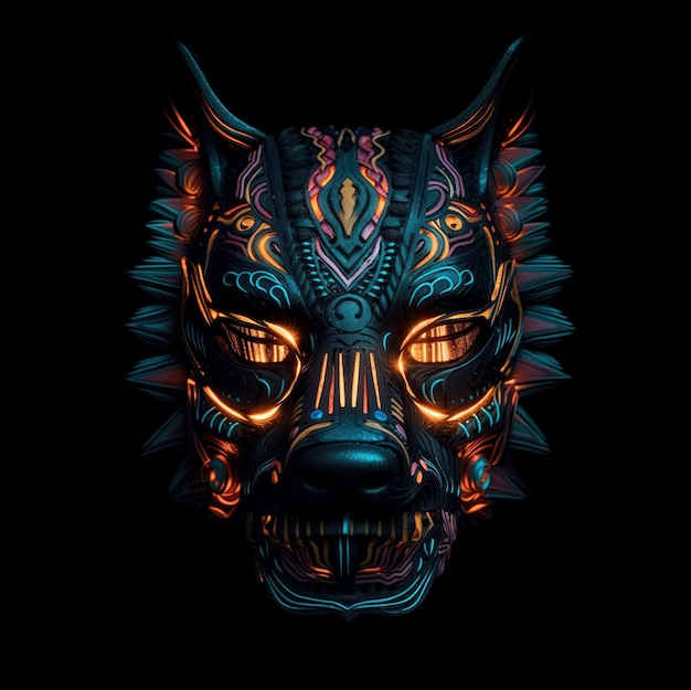 Image of cyberpunk dog mask with colorful patterns on black background Pet Animals Illustration Generative AI