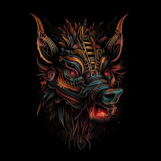 Image of cyberpunk wild boar mask with colorful patterns on black background Wildlife Animals Illustration Generative AI