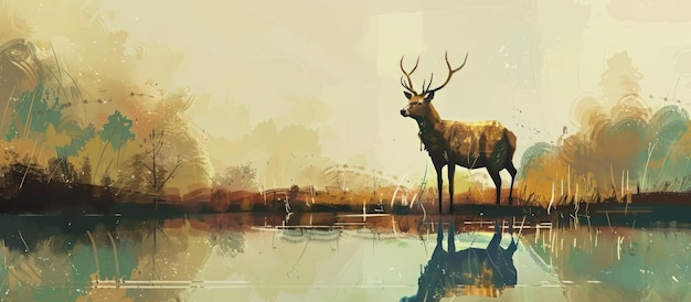 image of deer exploring a lake in the middle of the forest