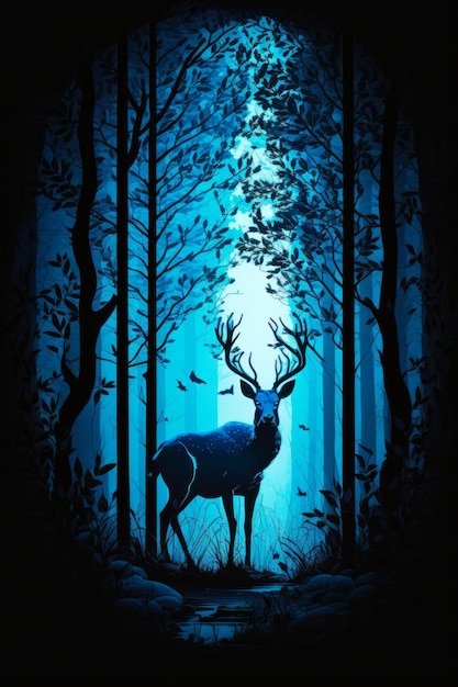 Image of deer standing in the middle of forest at night Generative AI