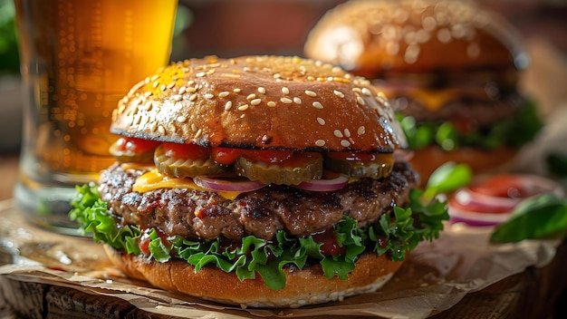 The image of a delicious burger and beer bathed in golden sunlight on a rustic table Concept Food Photography Outdoor Dining Beer and Burger Golden Hour Rustic Atmosphere