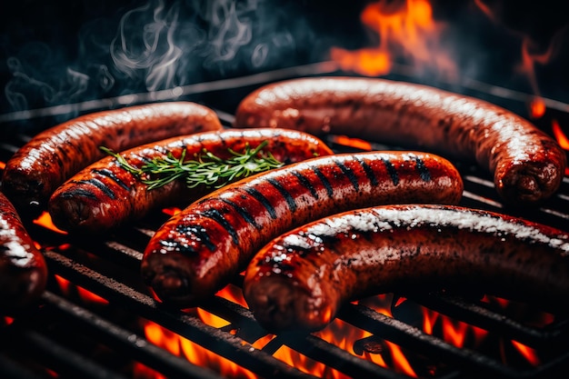 An image of delicious and juicy sausages sizzling on a grill