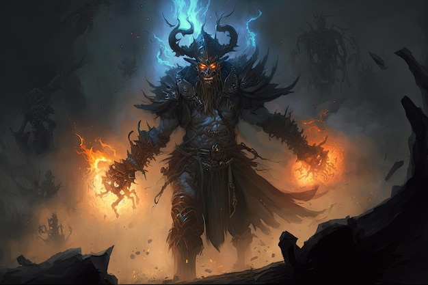 An image of a demon lord wizard conjuring evil zombie armies complete with fire effects and hazy mist is seen