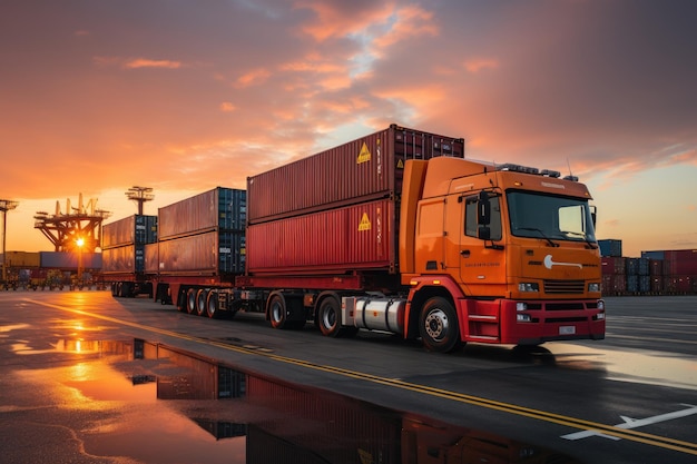 An image depicting logistics with a container truck ship in port and airplane for import export