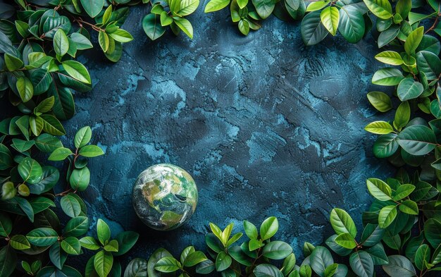 Photo an image depicting a small earth surrounded by lush green leaves on a textured blue surface