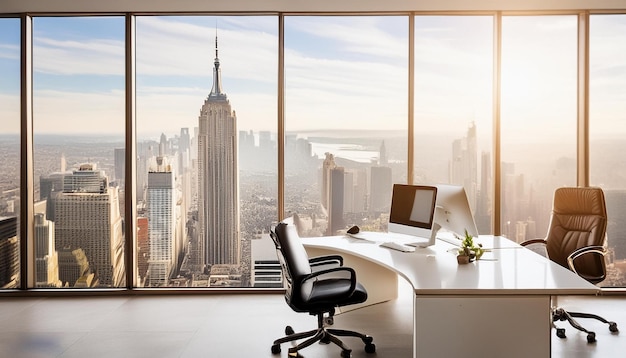 image depicting the view from a corner office in a sleek modern skyscraper The office should have fl