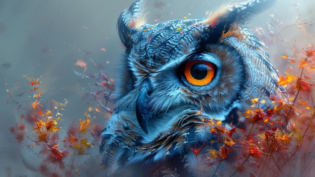 The image depicts an abstract animal Owl in a double exposure paint style utilizing generational artificial intelligence