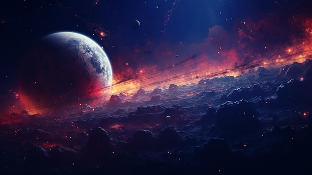 The image depicts an abstract background featuring planets and space