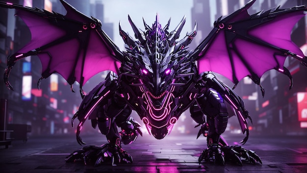 The image depicts a black and purple robotic dragon with glowing pink highlights standing on a bridg